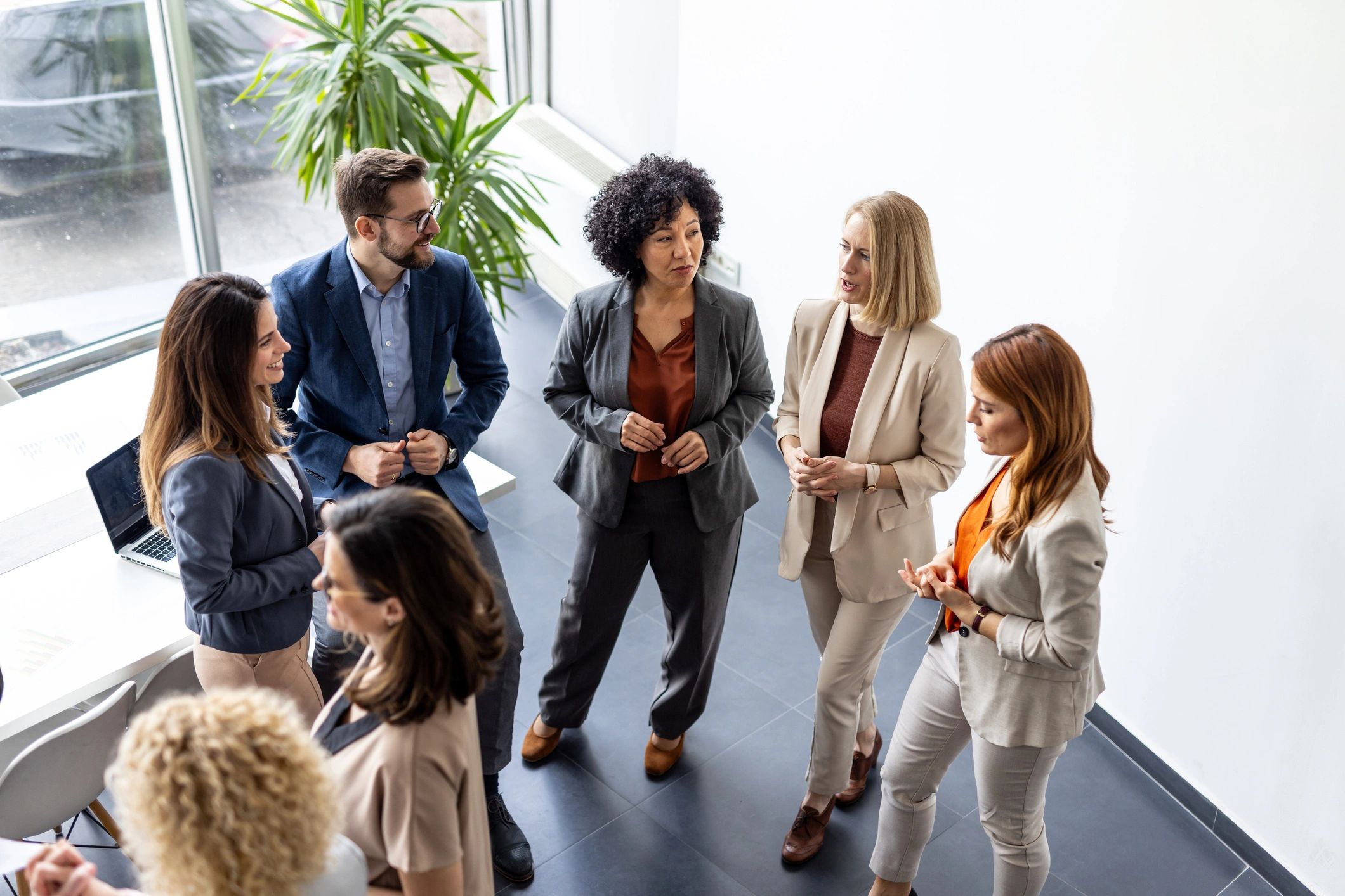 Collaborative team discussion in a modern workspace